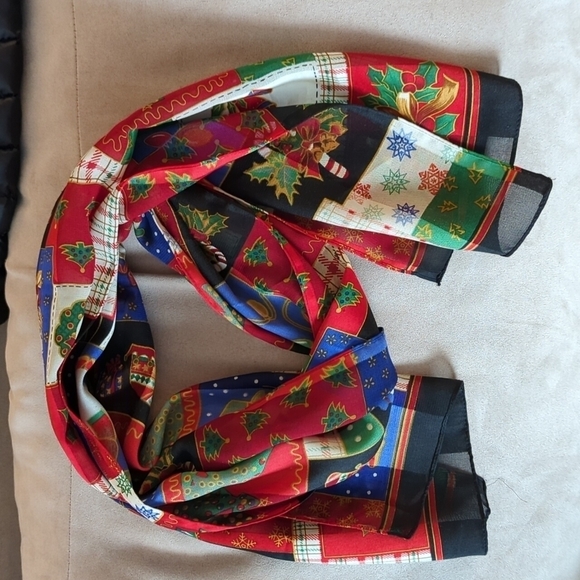 Vintage Accessories - Holiday Christmas Scarf Snowman Candy Cane Wreath Trees Bells Lights Stocking
